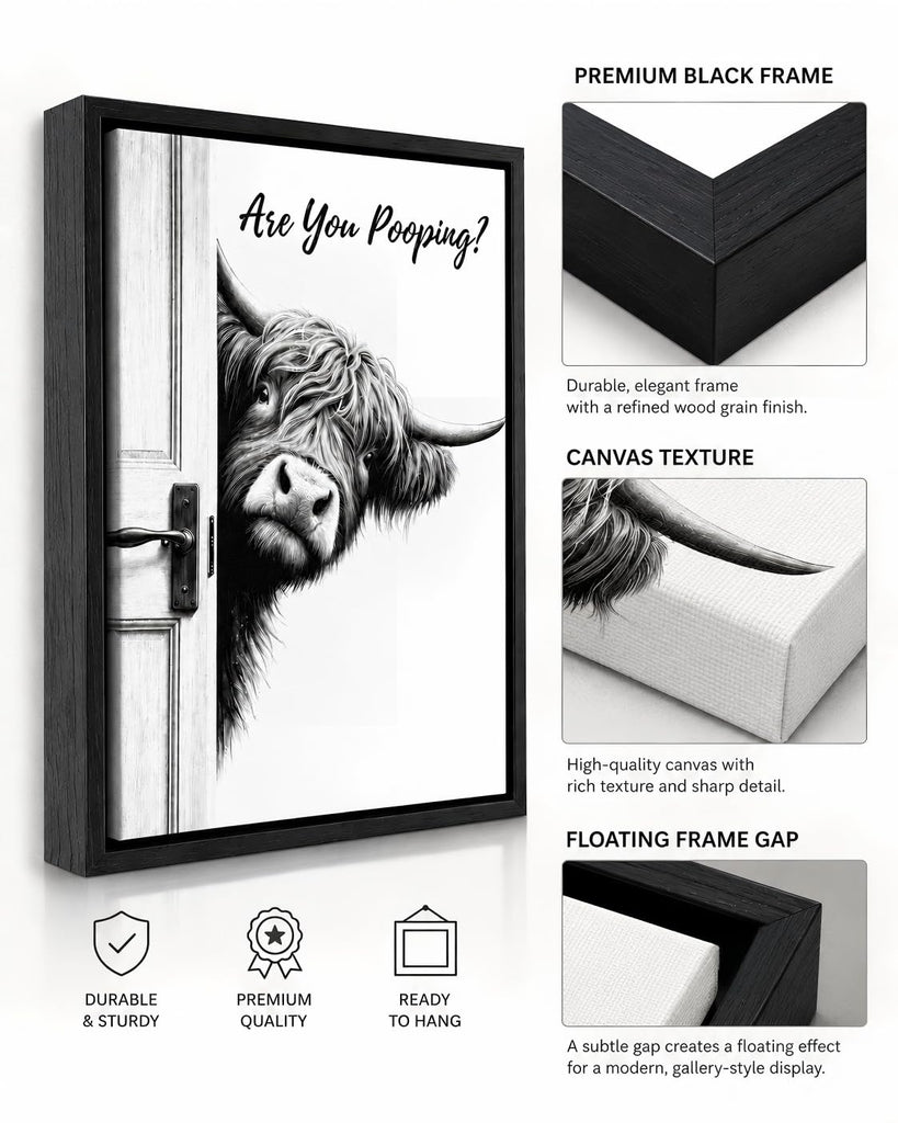 Framed Funny Bathroom Wall Art, Highland Cow Are You Pooping Canvas Print, Black and White Humor Bathroom Animal