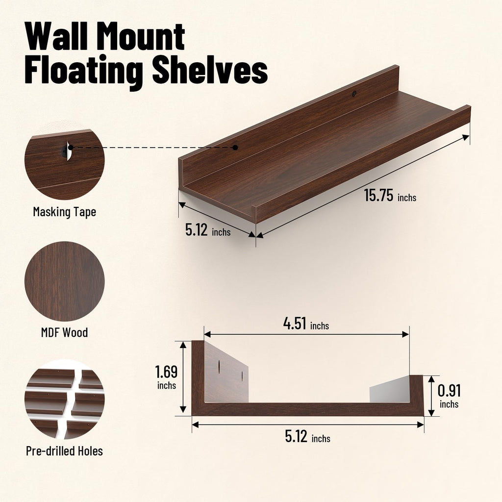 15.7x5.12" Floating Shelves for Wall, Room Decor, Raised Lip, 6 Pack