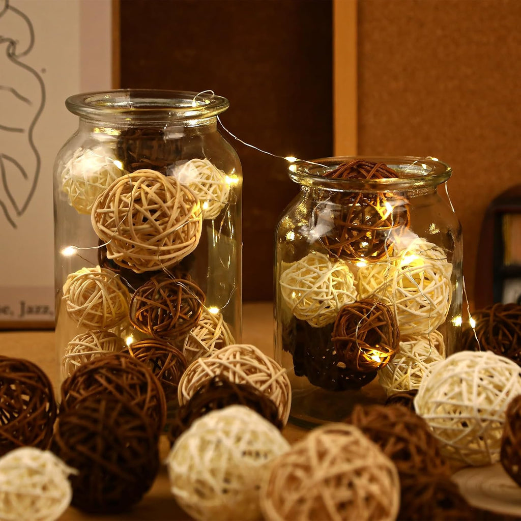 Natural Wicker Rattan Balls, Table Centerpieces Vase Bowl Filler Hanging Decor DIY Craft House Ornament - Set of 40