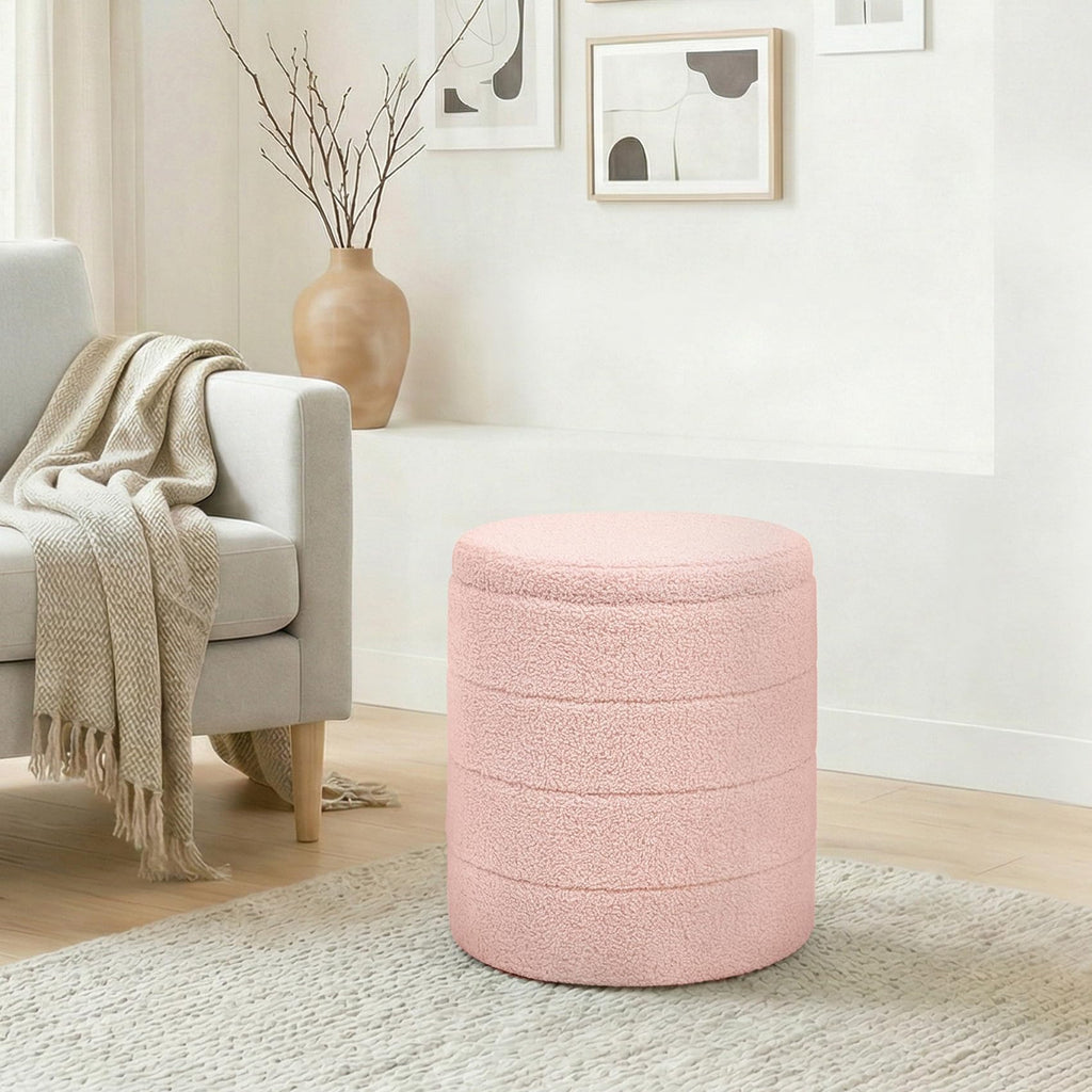 14.5" Round Storage Ottoman, Boucle Sherpa Ottoman with Tray