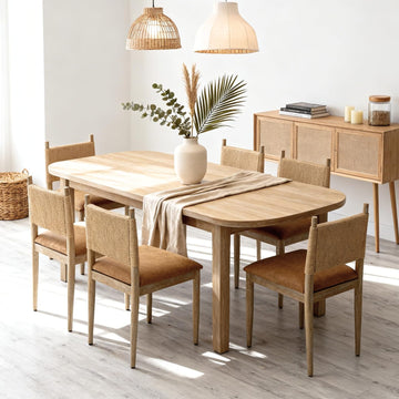 Modern Coastal Woven Dining Chairs Set of 6, Brown Faux Leather