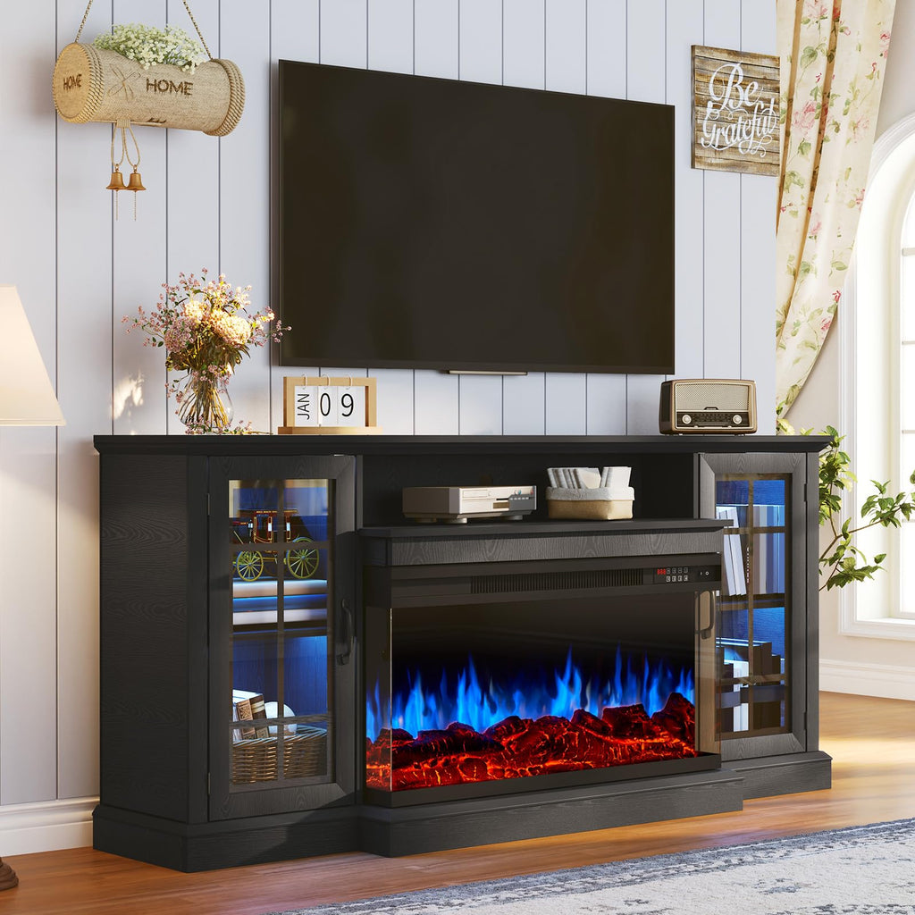 70 Inch Fireplace TV Stand for TVs up to 80", Rustic Media Entertainment Center Console Table with Glass Door Closed