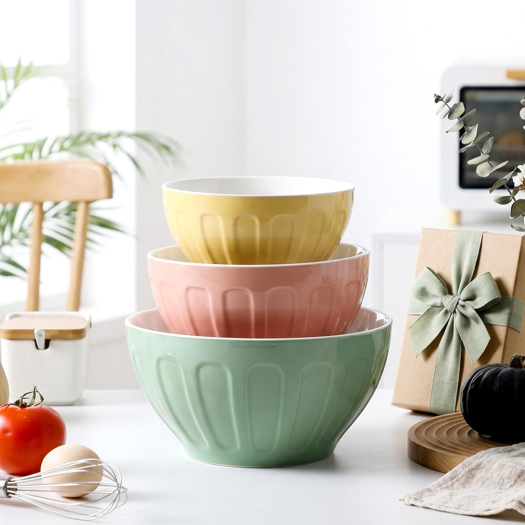 Ceramic Mixing Bowls Set of 3, Large Nesting Bowls for Serving/Baking/Prepping, Housewarming & Wedding Gift, Oven