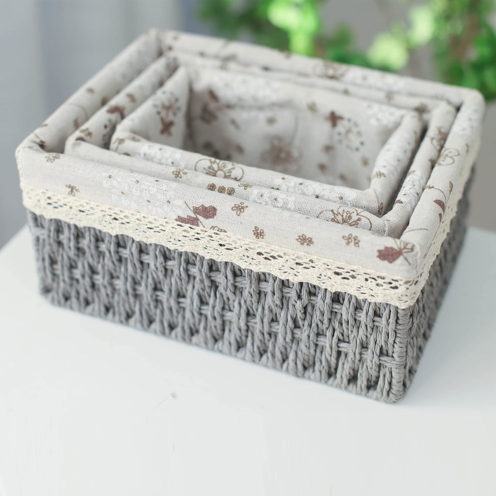 Macrame Storage Baskets Set of 3 Boho Decor Baskets for Organizing Decorative Paper Rope Woven Storage Basket with