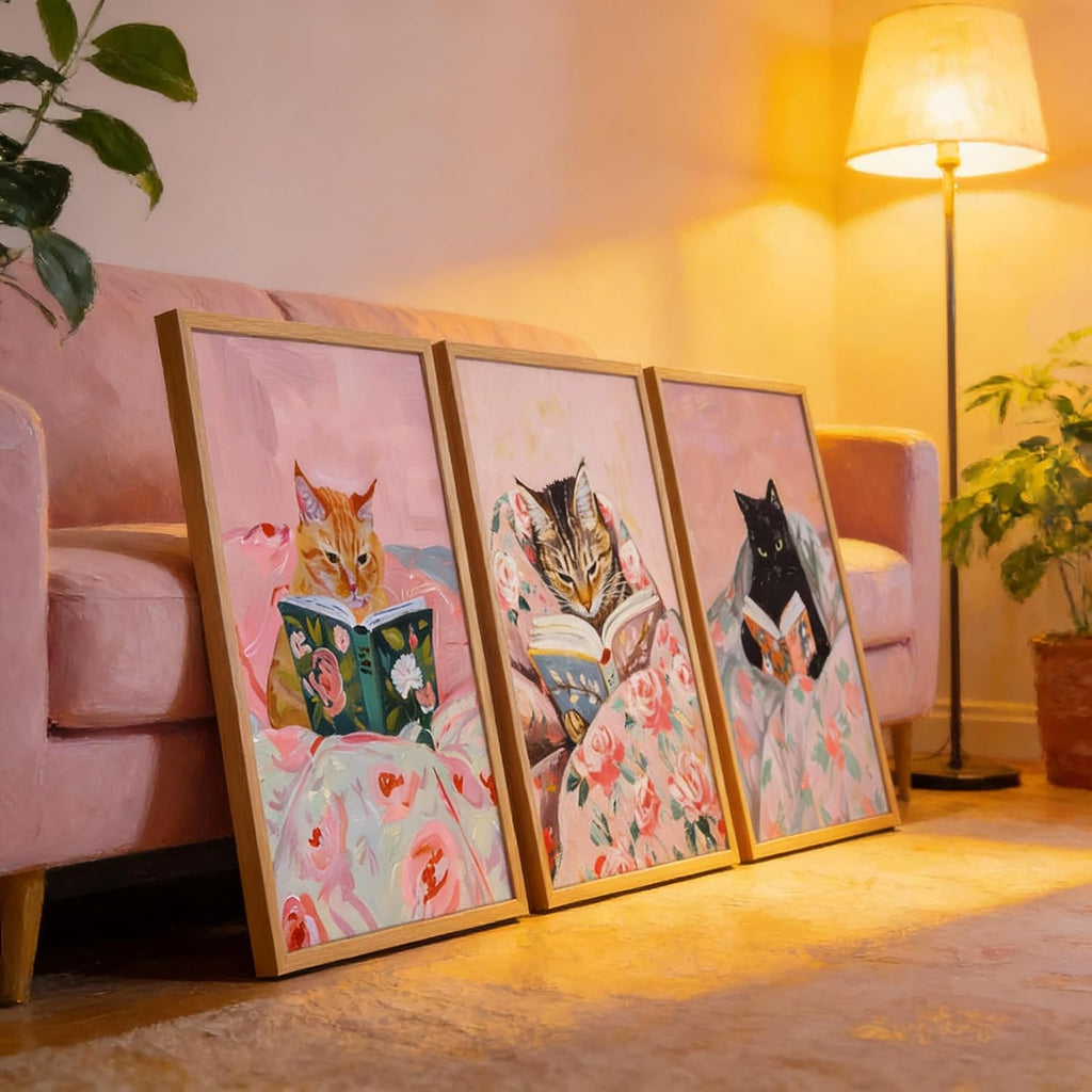 3Pcs Framed Vintage Cat Canvas Wall Art, Pink, 12''x16'' | Funny Animal Reading Books Pictures, Cute Kitten Lovers