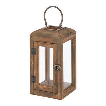 11" High Wooden Lantern Made of Solid Firwood in Handpainted Mediterranean Brown with Metal Handle, Hurricane Lantern