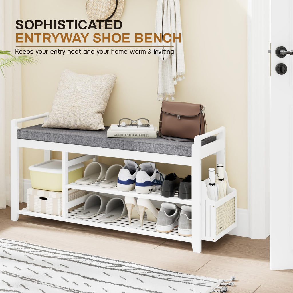 2-Tier Shoe Rack Bench, 39.4 in, White and Dark Grey