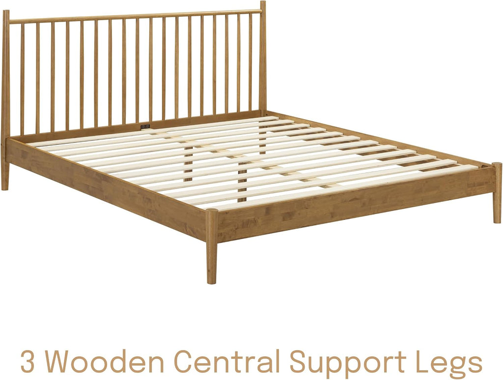 Inno Wooden Bed Frame with Headboard, Solid Oak and Rubber Wood Foundation with Silent Slats and Wood Central
