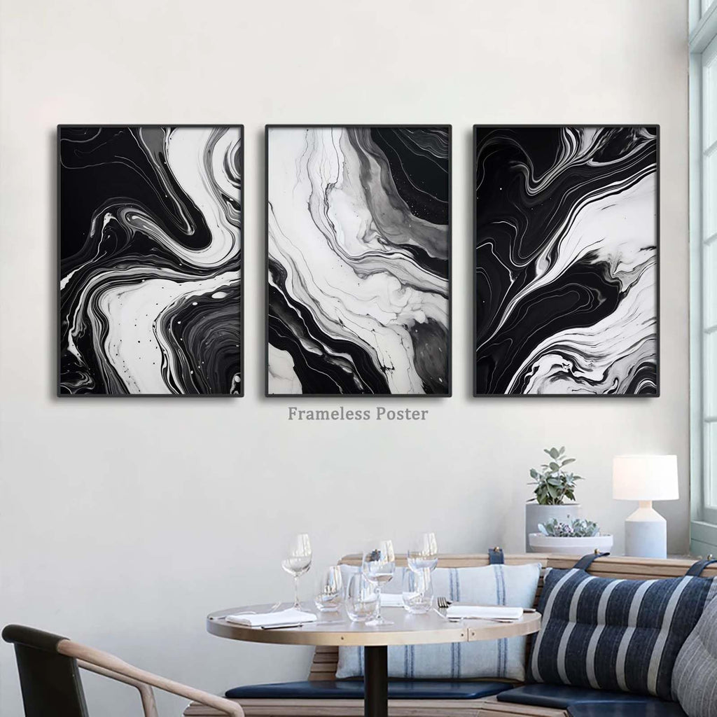 Black and White Marble Wall Art Abstract Painting Canvas Bedroom Decor - Gray Poster Set of 3 No Frame 16x24inch