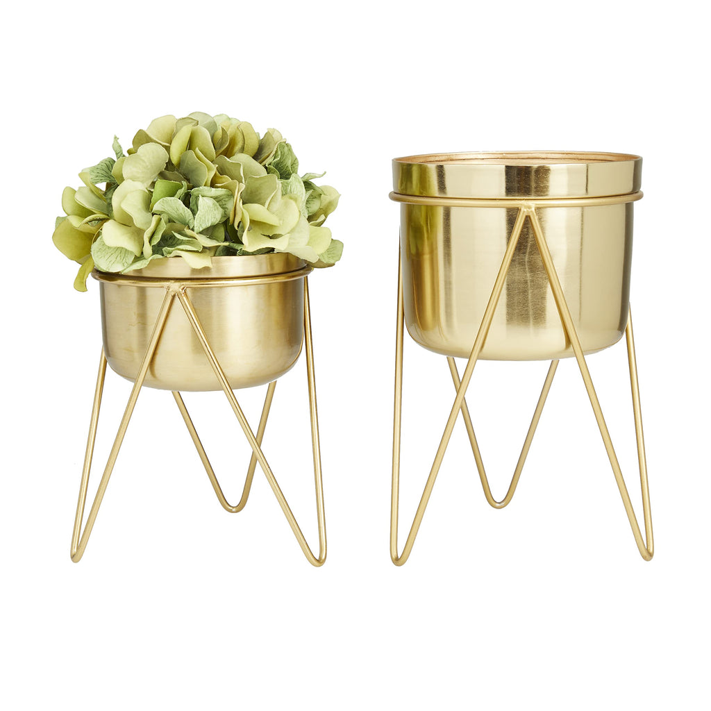 Metal Indoor Outdoor Planter Small Planter Pot with Removable Stand, Set of 2 Planters 7", 7"W, Gold
