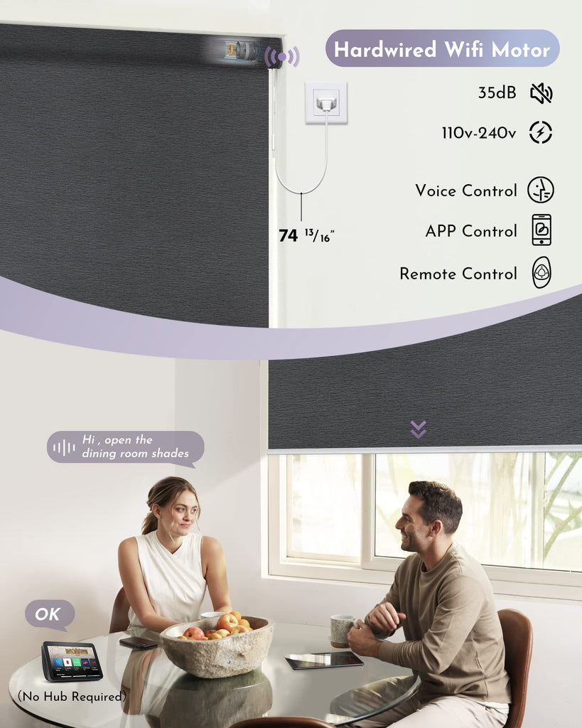 Smart Blackout Roller Shades Compatible with Alexa Google WiFi Hardwired Textured Fabric Motorized Blinds Remote