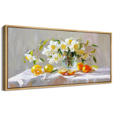 Extra Large Framed Canvas Print Wall Art Vibrant Still Life with White Blossoms and Citrus Fruits Antique Retro Ready
