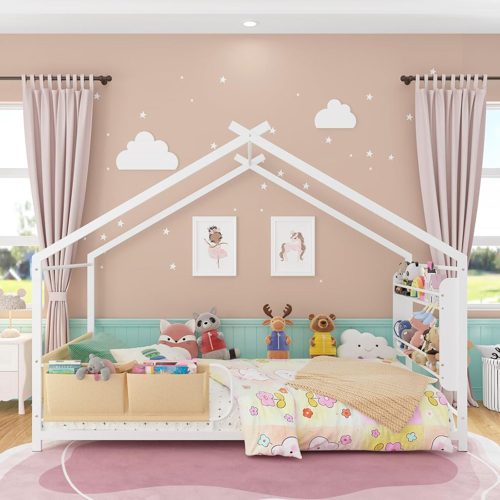 House Shape Montessori House Bed with 2 Tier Wood Bookshelf