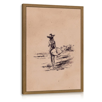Vintage Western Cowgirl Surfing Wall Art, Wood Framed 12x16 Inch