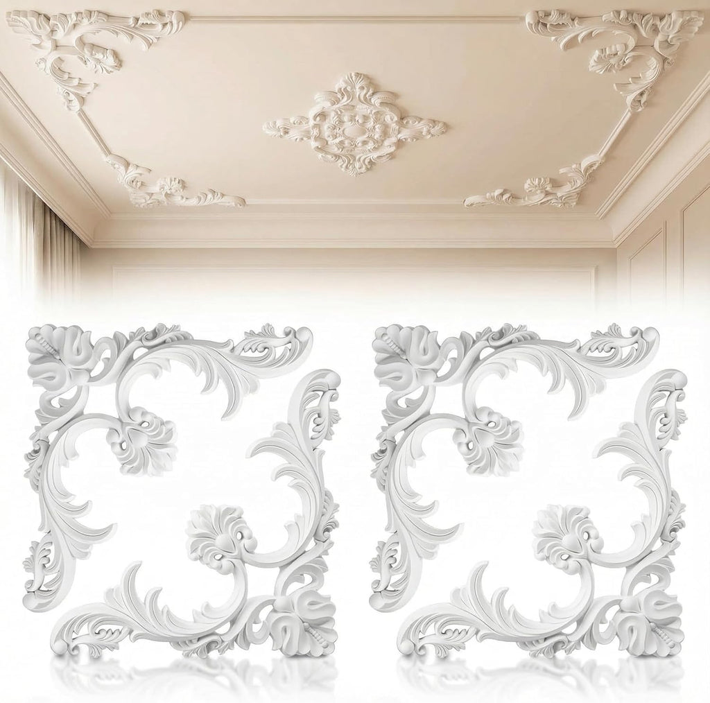 4-Pack PU Ceiling Molding Kit, 14x14 Inch French Style Corners, Decorative Wall Panels with Flowers 
