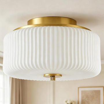 Gold Flush Mount Ceiling Light, 12" Ribbed Milk White Glass Enclosed Shade