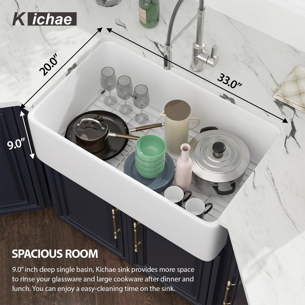 Farmhouse Kitchen Sink 33x20x9 White Apron Front Fireclay Farm Sink