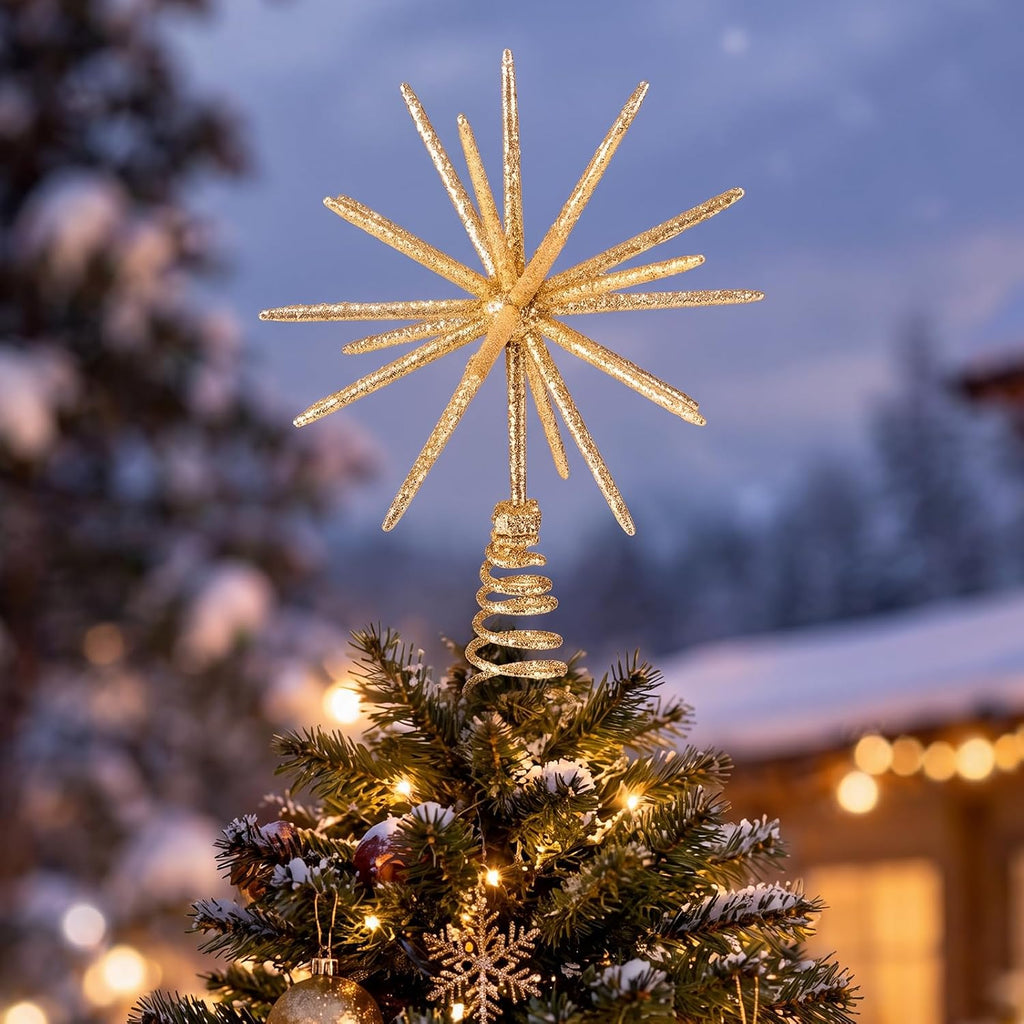 Gold Christmas Tree Topper 12" 3D Glitter Starburst Tree Topper