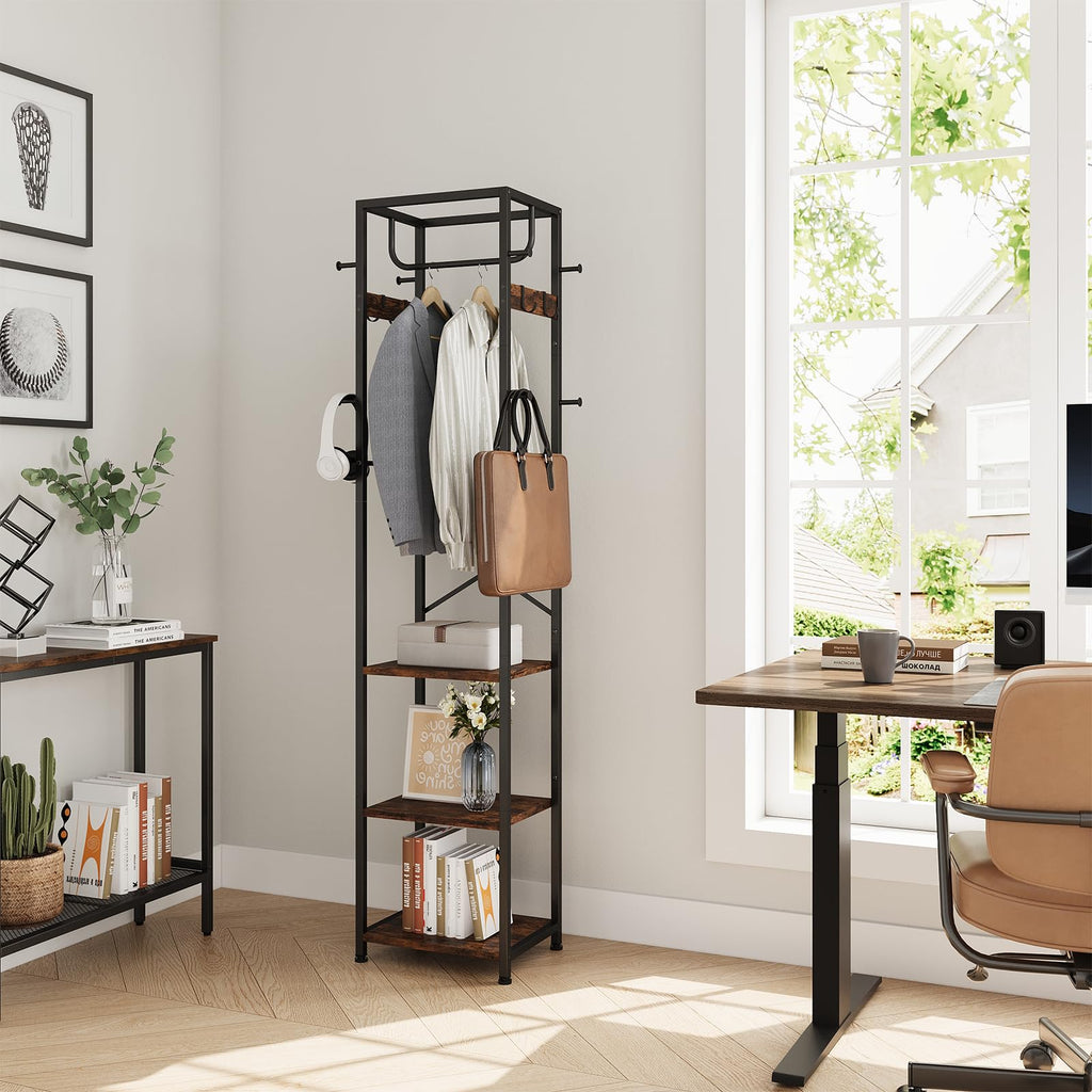 Coat Rack Freestanding, Hall Tree with 3 Shelves and 12 Hooks, Rustic Brown