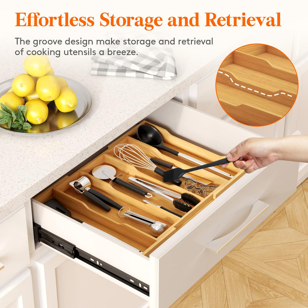 Bamboo Utensil Organizer Drawer, Cooking Utensil Tray
