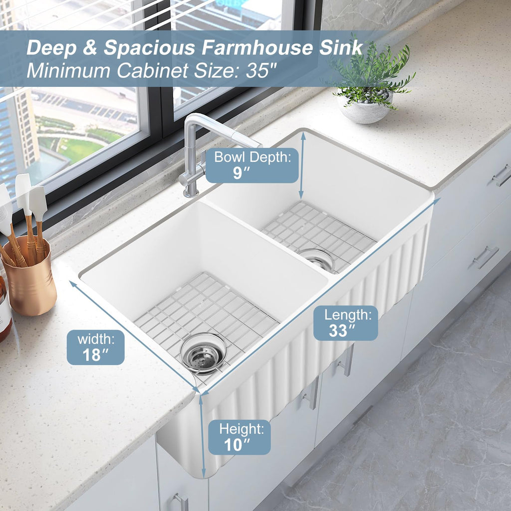 Farmhouse Kitchen Sink, 33-inch Double Bowl Sink with Bottom Grid and Strainer, Large Apron-front Ceramic Porcelain