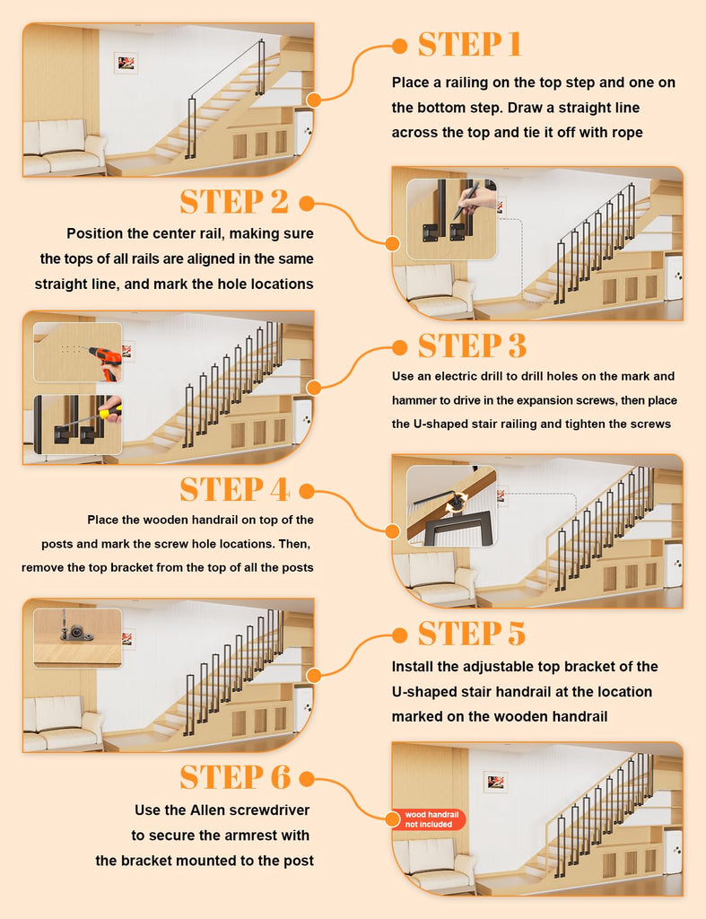 6 Pack U Shape 39.6" Stair Balusters with Adjustable Top Bracket for Staircase Interior, Side Mount Industrial