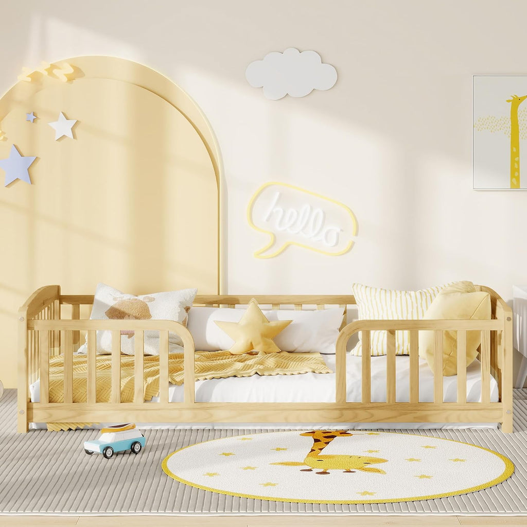 Montessori Floor Bed with 18" Fence and Curved Entrance, Pine Wood Bed Frame with Safety Guardrails, Low