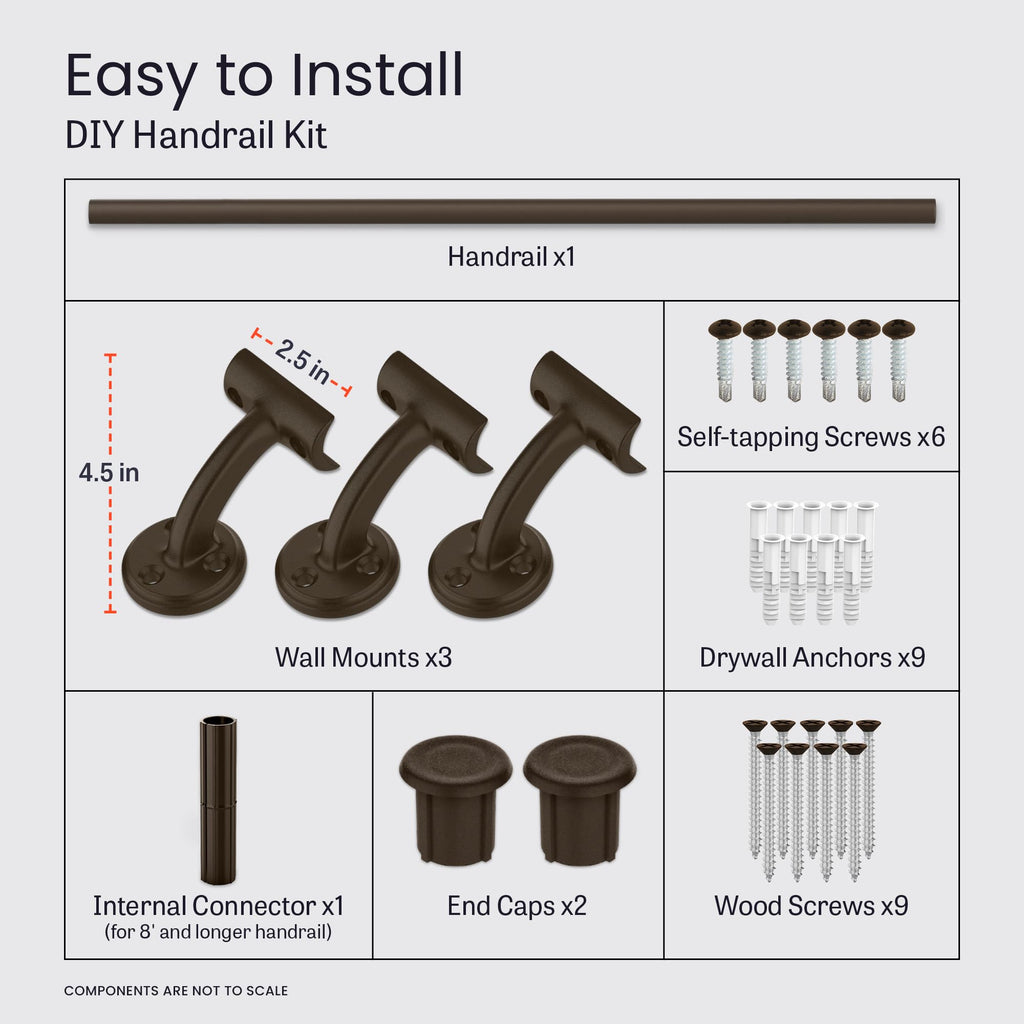Aluminum Handrail for Indoor or Outdoor Steps and Stairs - Hand Rails for Elderly - DIY Complete Stair Railing Kit