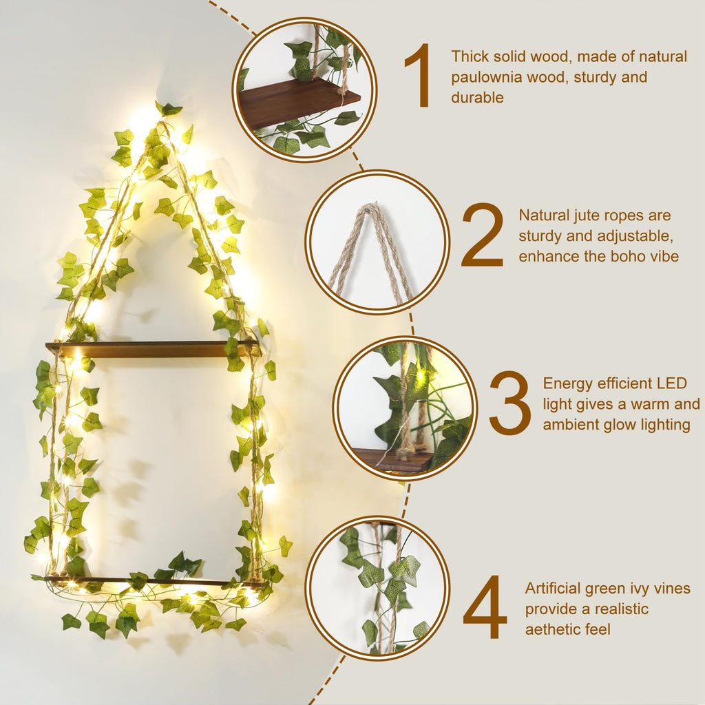 Floating Shelves Boho Wall Decor, 2 Tier Hanging Shelf Room Decor