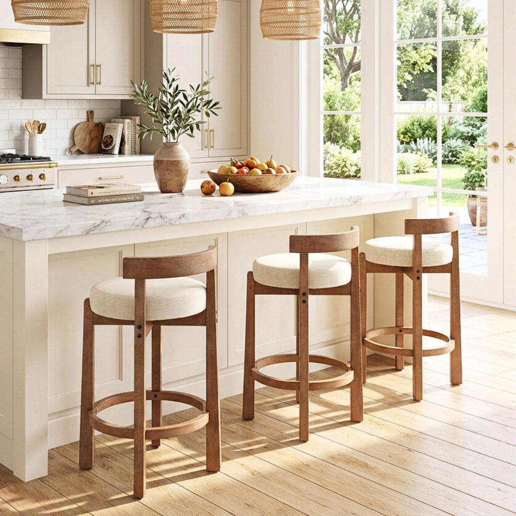 26.5" Counter Height Bar Stools Set of 3 | Mid Century Modern Low Back Bar Chairs with Solid Wood Legs & Linen
