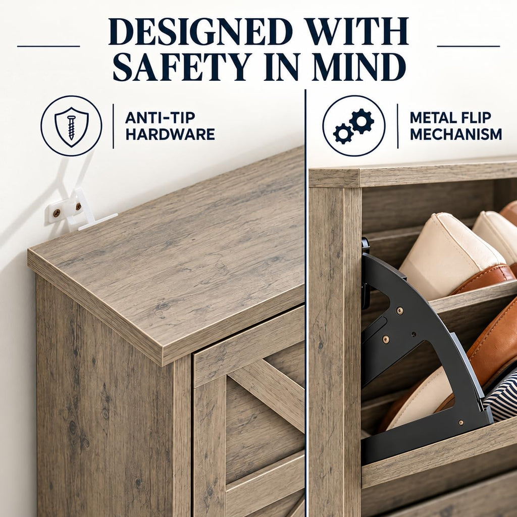 Farmhouse Narrow Shoe Storage Cabinet, Space-Saving Freestanding Shoe Rack Cabinet with 2 Flip-Up Drawers, Hidden