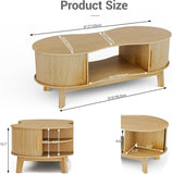 Coffee Table, Dual Oval Coffee Table with with Storage Cabinet and Sliding Tambour Door, 2-Tier Open Storage Shelf