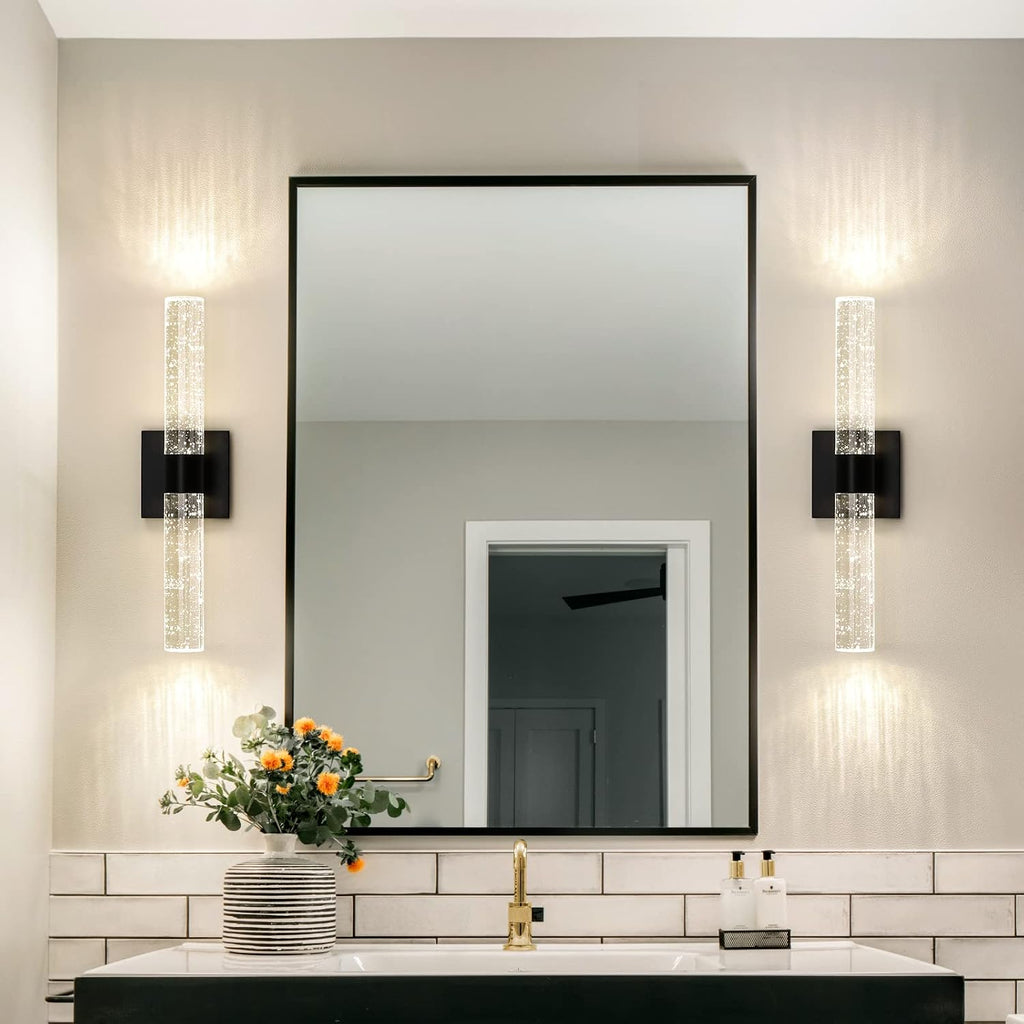 Black Modern LED Wall Sconce - 18 Inch Wall Sconces Set of Two 4000K Dimmable Crystal Sconce Wall Lighting Indoor