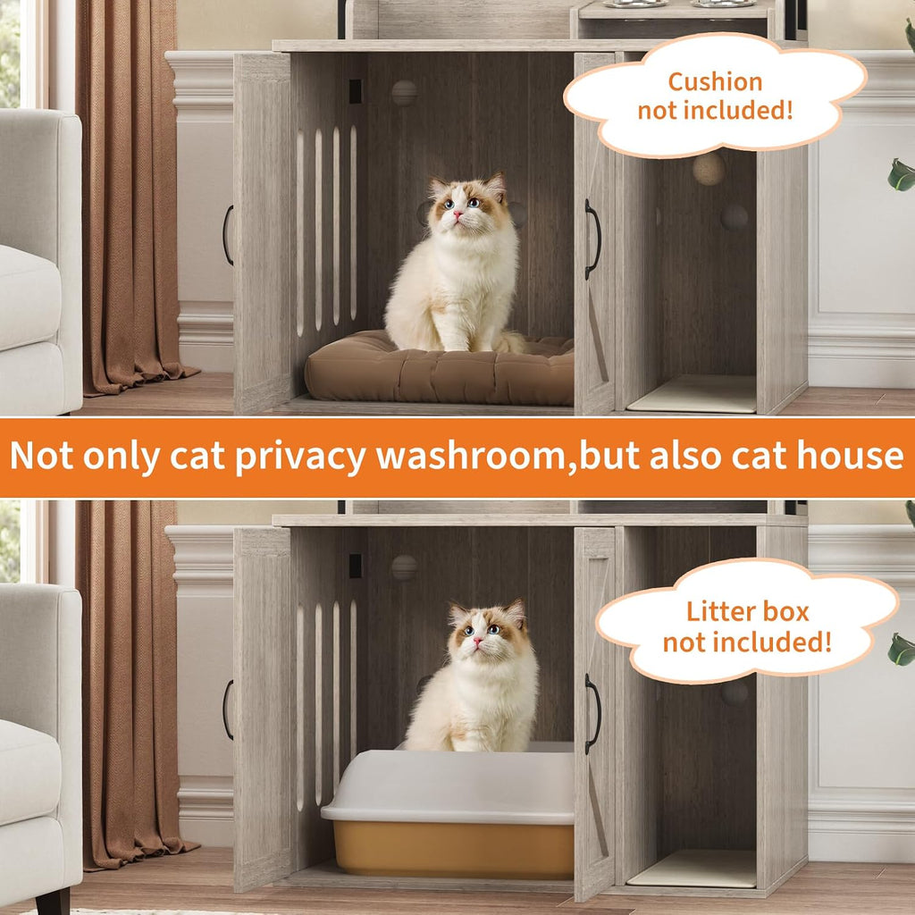 Cat Litter Box Enclosure, 55" Hidden Cabinet w/Storage & Charging, Gray