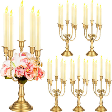 6 Pcs Gold Candelabra Candle Holders 5 Arm 12" Metal Candlestick Holder Gold Candelabra Centerpieces for Tables