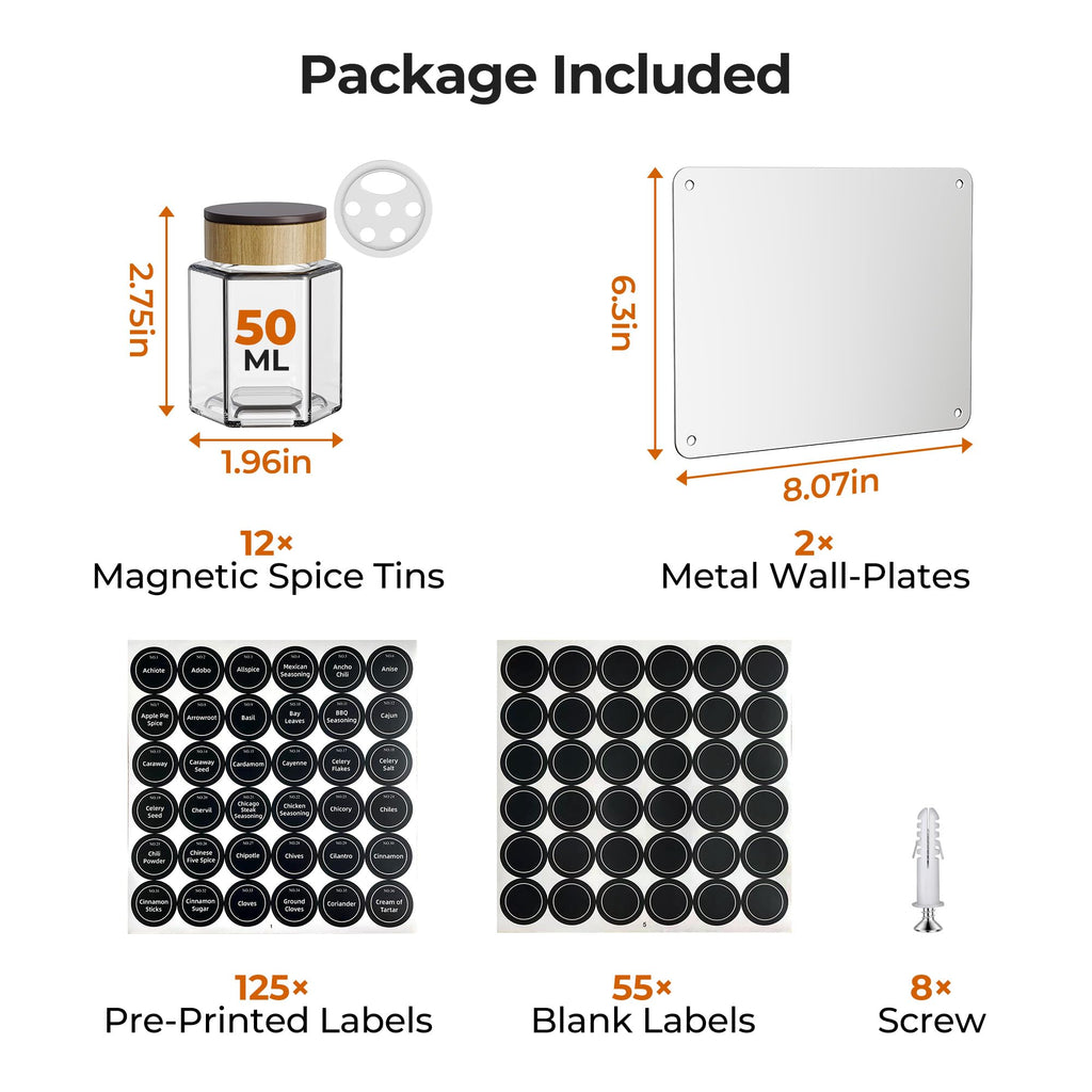 Set of 12 Magnetic Spice Tins with 2 Black Metal Wall-Plates,100 Preprinted Seasoning Label Stickers,2 Styles for 3