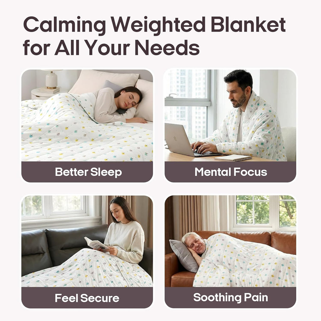 Cotton Weighted Blanket (60"x80", 15lbs, Small Tree Print) | Queen Size High Breathability Heavy Blanket, Soft