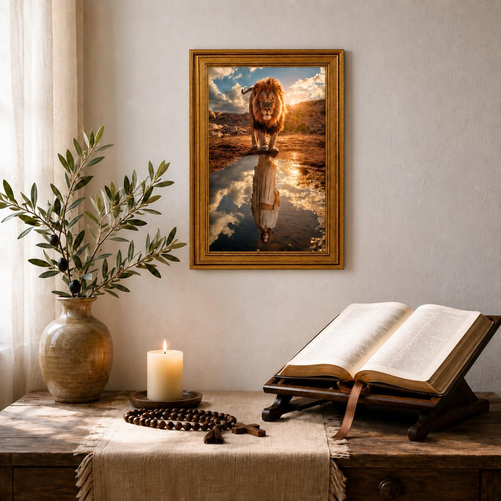Lion of Judah Jesus Wall Art, Gold Framed Christian Decor, 12x16 inch