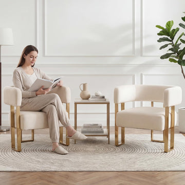 Modern Velvet Accent Chairs Set of 2, Upholstered White Barrel Armchair Living Room Chair with Gold Metal Legs Comfy