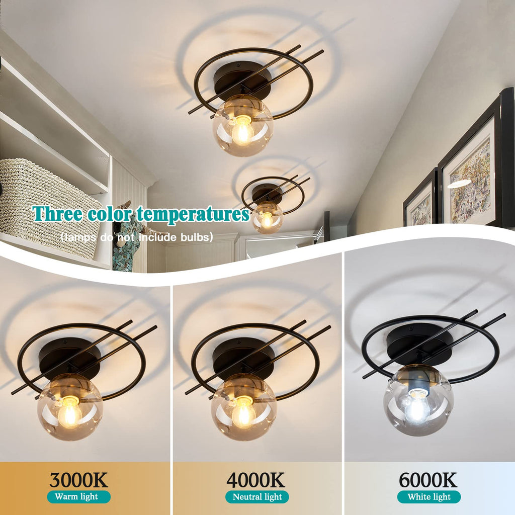 Matte black & gold finish Semi Flush Mount Ceiling Light Fixture Mid Century Modern Chandelier with Glass Globe Small