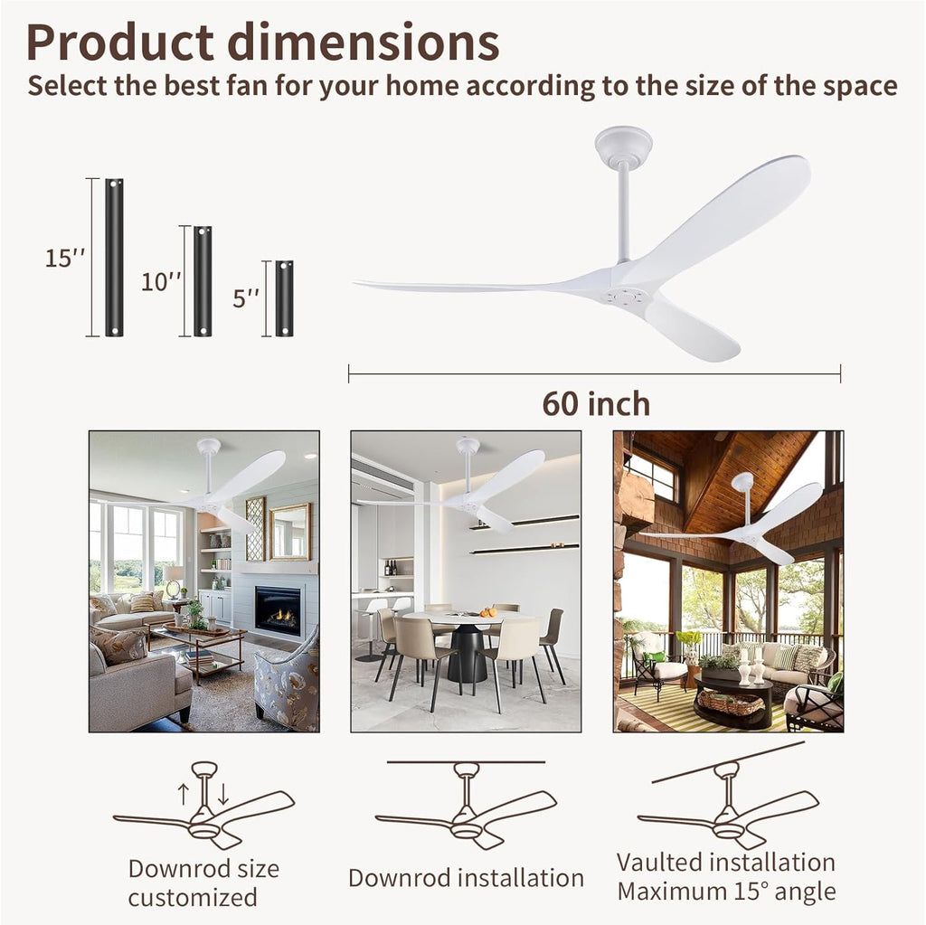 Inspired Maverick Style 60 Inch White Wood Ceiling Fan - 3 Solid Wood Blades, Indoor/Outroom DC Motor Ceiling Fan with Remote Control, 6-Speed Reversible Quiet Operation, Timer Function, No Light, Damp Rated A102-B0CMTJK7L8