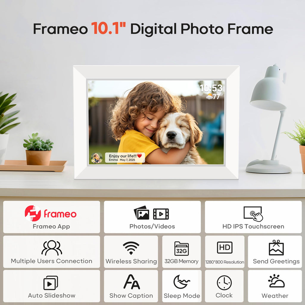 10.1 Inch WiFi Digital Photo Frame via Frameo App, 1280x800 HD IPS Touch Screen Electric Picture Frame Display, 32GB