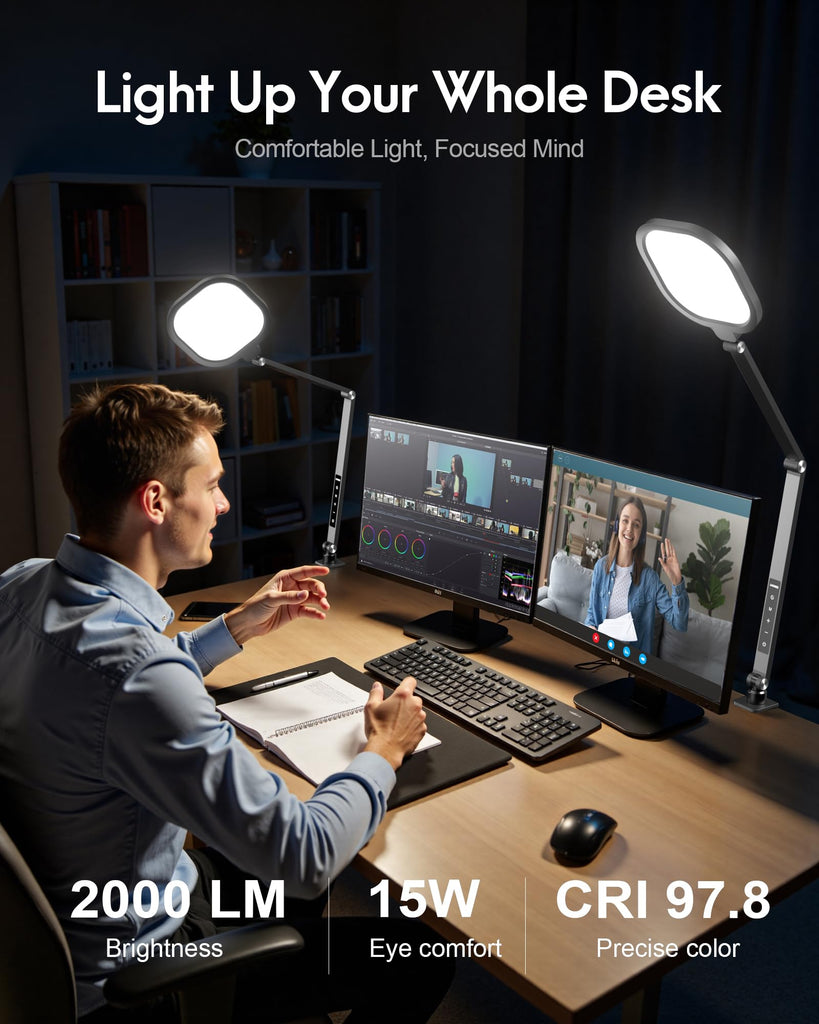 Remote LED Desk Lamp with Clamp, 2000LM, 30 Modes, Metal Arm