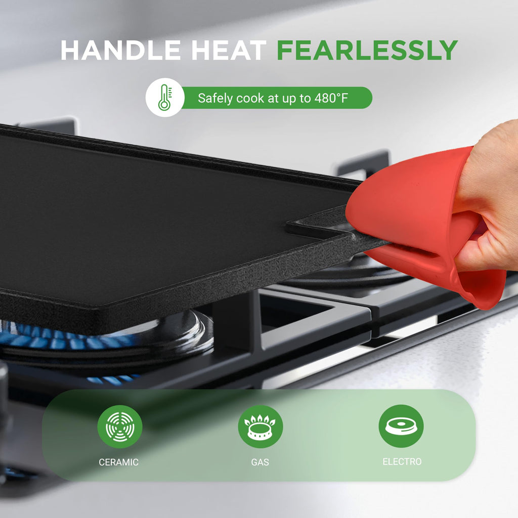 Cast Iron Reversible Griddle 18x10 Inch - Pre-Seasoned Flat Top & Ridged Grill Side, Stove Top Griddle for Gas Grill