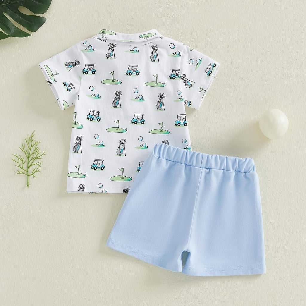 Toddler Baby Boy Summer Outfit Short Sleeve Embroidered Printed Button Down T-shirt Shorts Set 2Pcs Infant Clothes