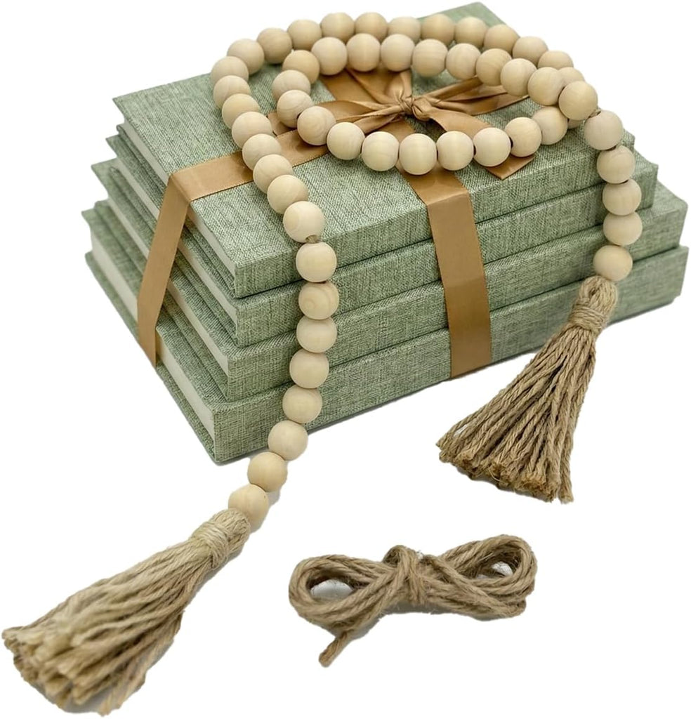 Decorative Books Decor-Set of 4 Real Linen Decorative Books, Stacked Books with Wood Bead Garland, Jute Twine & Satin