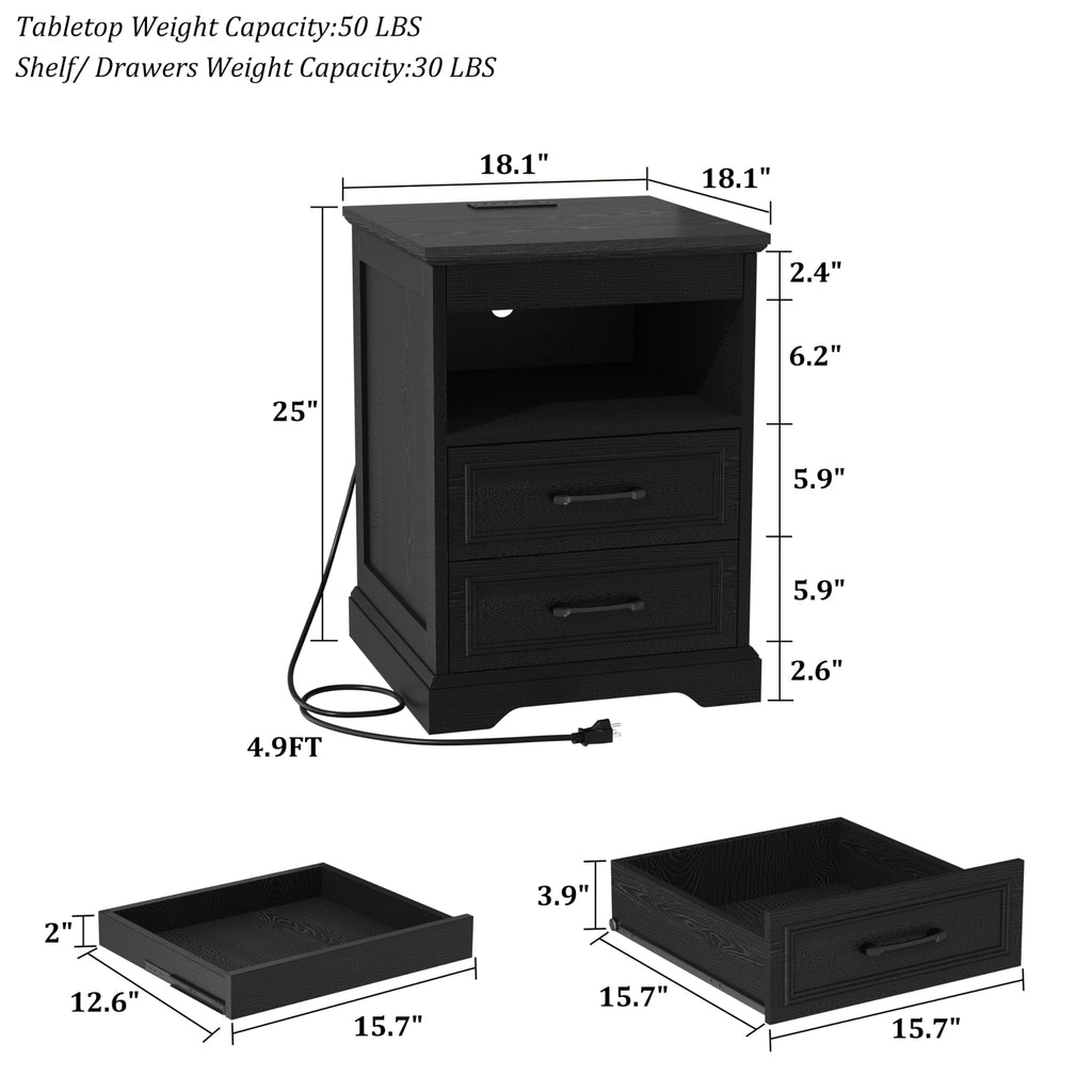 Farmhouse Night Stand with Gun Drawer & Invisible Lock, 25" Tall Bedside Table with Charging Station, End Table with