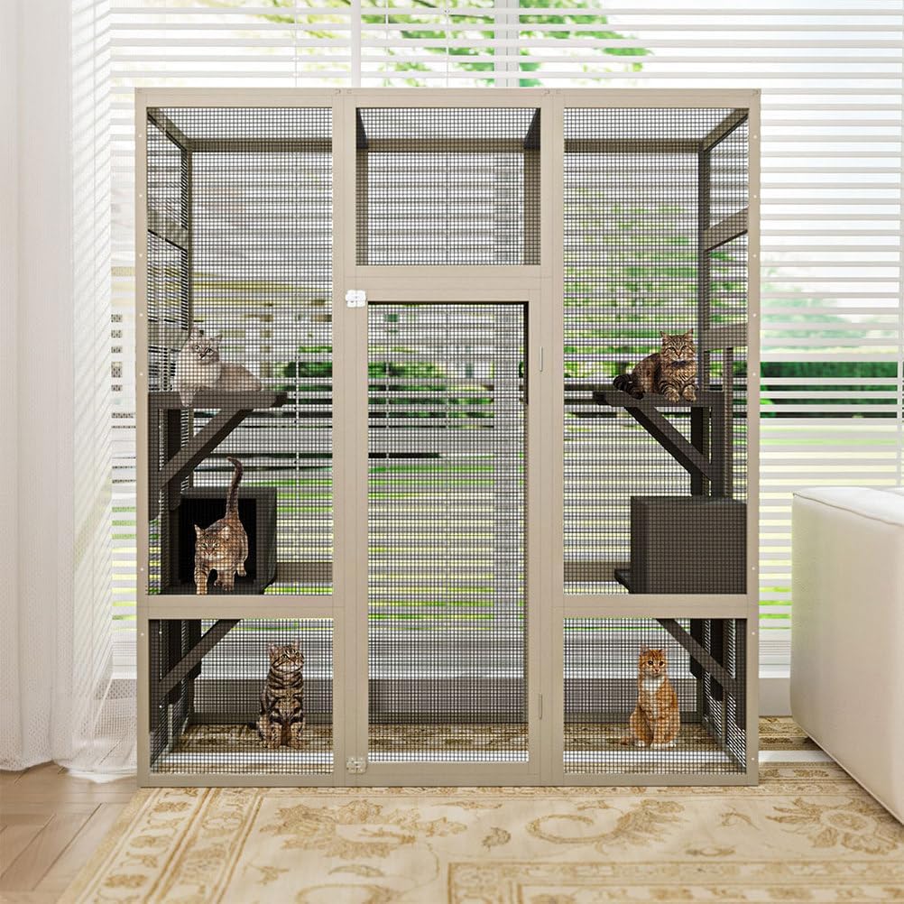 70 Inch Catio Outdoor Cat Enclosure, Large Wooden Cat House with 5 Platforms and 2 Napping Houses, Waterproof UV