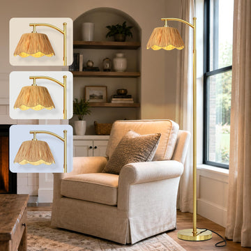 62.5" Rattan Arc Floor Lamp with 3 Color Temperatures, Boho Hand Woven Shade Standing Floor Lamp, Gold Metal Base