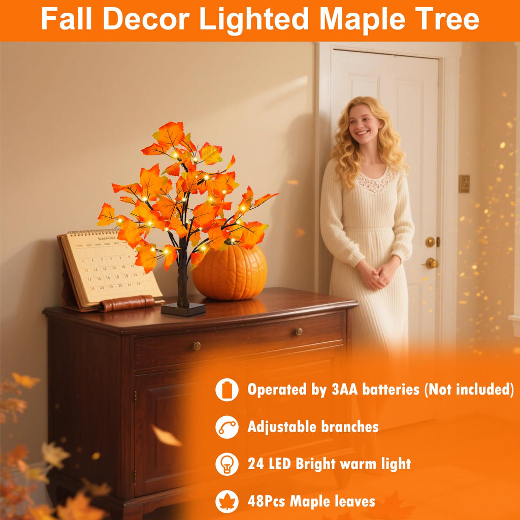Fall Decor 2 Pack Fall Trees Artificial Lighted Maple Tree Thanksgiving Decor 48 LED Table Fall Lights Up Tree